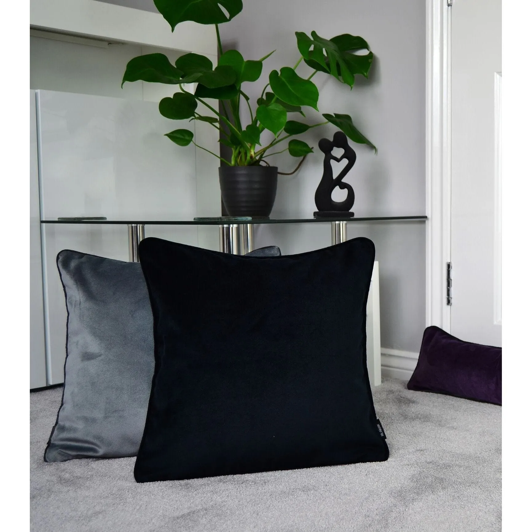 Matt Black Piped Velvet Cushion