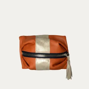 Medium Travel Pouch | Orange   Gold Leather Stripe "The Kristen"