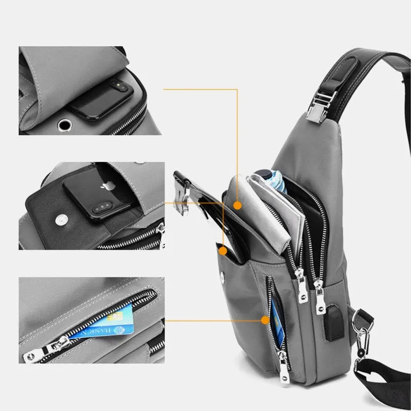 Men Oxford USB Charging Headphone Hole Design Chest Bag Multifunction Multi-pocket Waterproof Crossbody Shoulder Bag