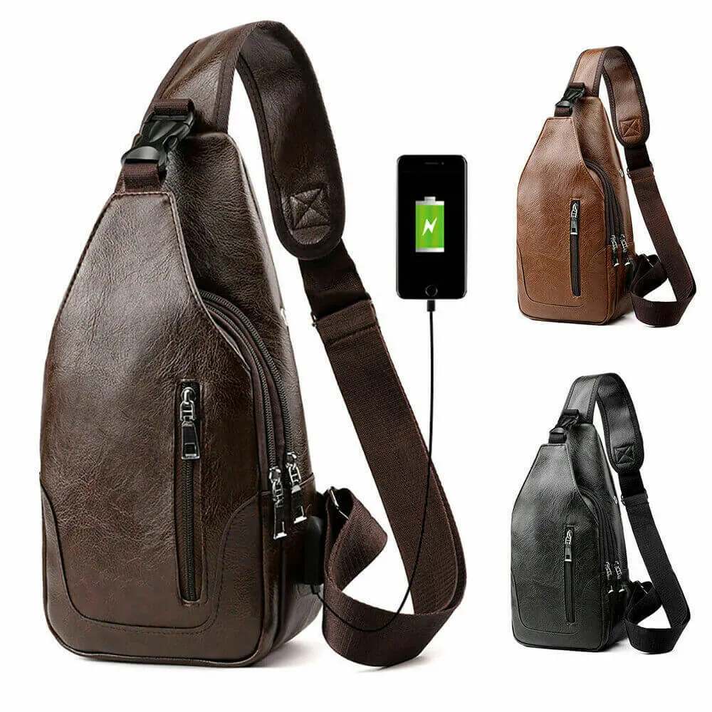 Men PU Leather Chest Sling Bag w/ USB Charging Port