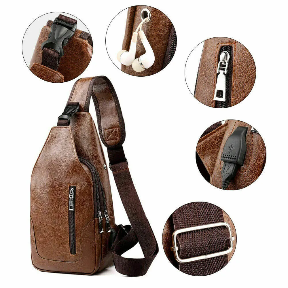 Men PU Leather Chest Sling Bag w/ USB Charging Port