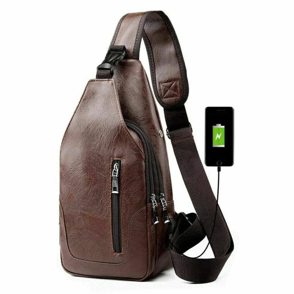 Men PU Leather Chest Sling Bag w/ USB Charging Port