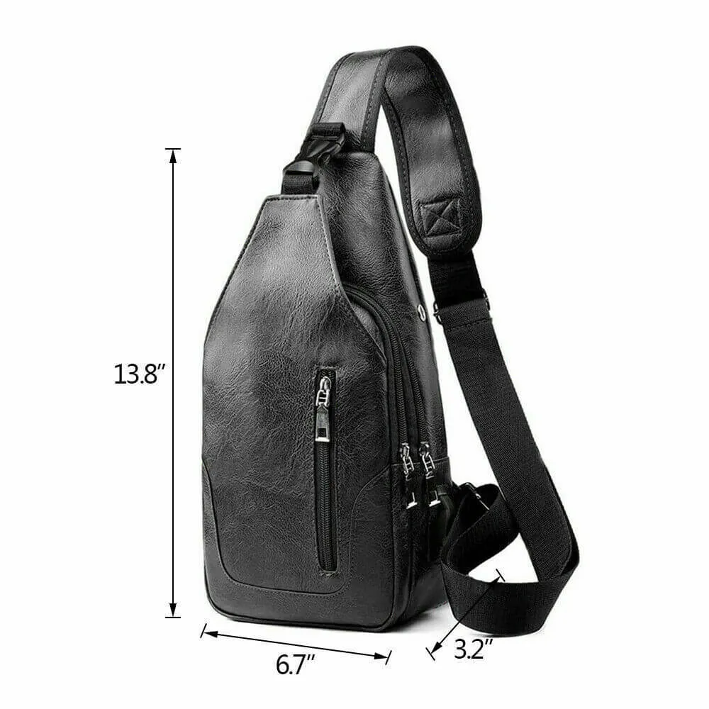 Men PU Leather Chest Sling Bag w/ USB Charging Port