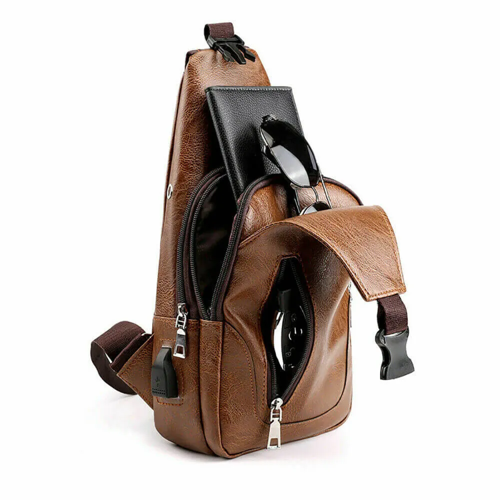 Men PU Leather Chest Sling Bag w/ USB Charging Port