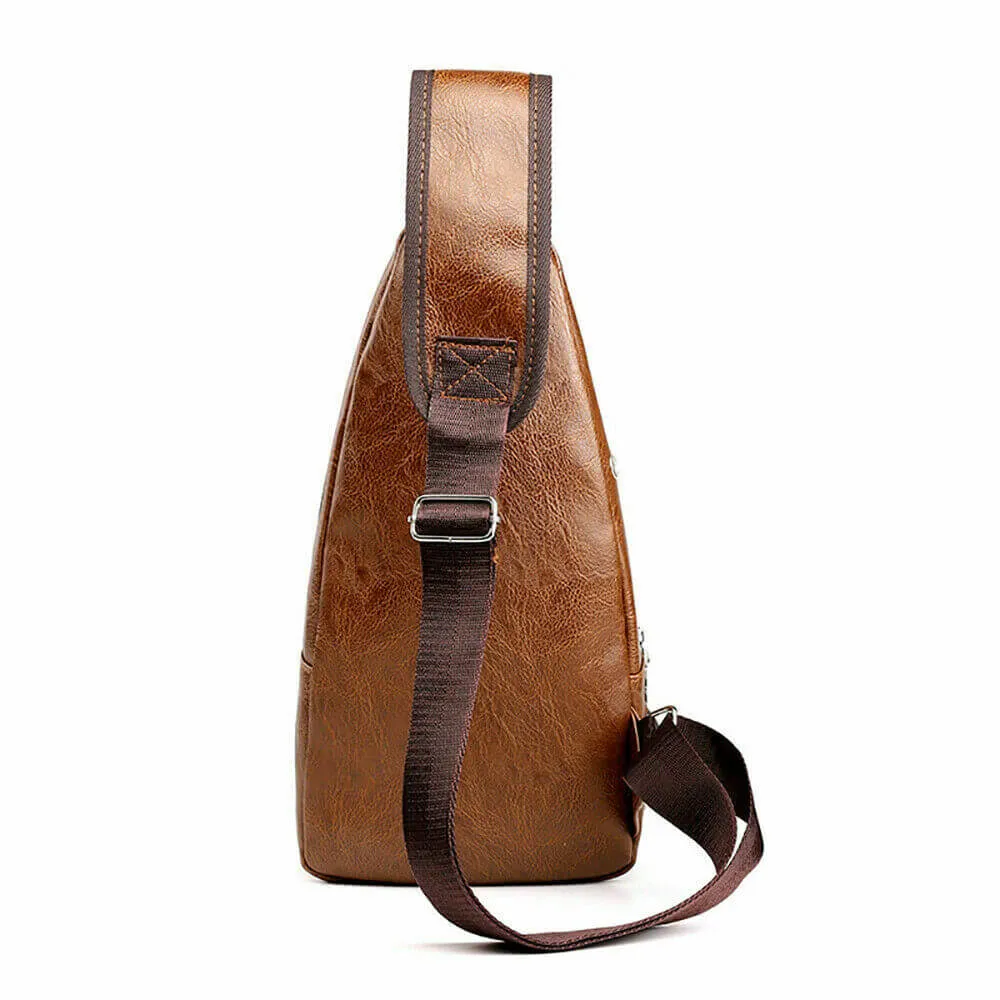 Men PU Leather Chest Sling Bag w/ USB Charging Port