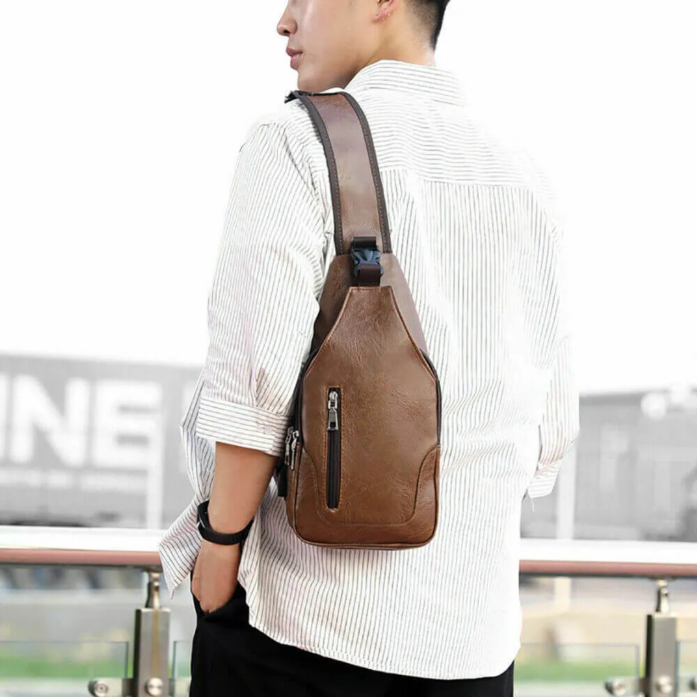 Men PU Leather Chest Sling Bag w/ USB Charging Port