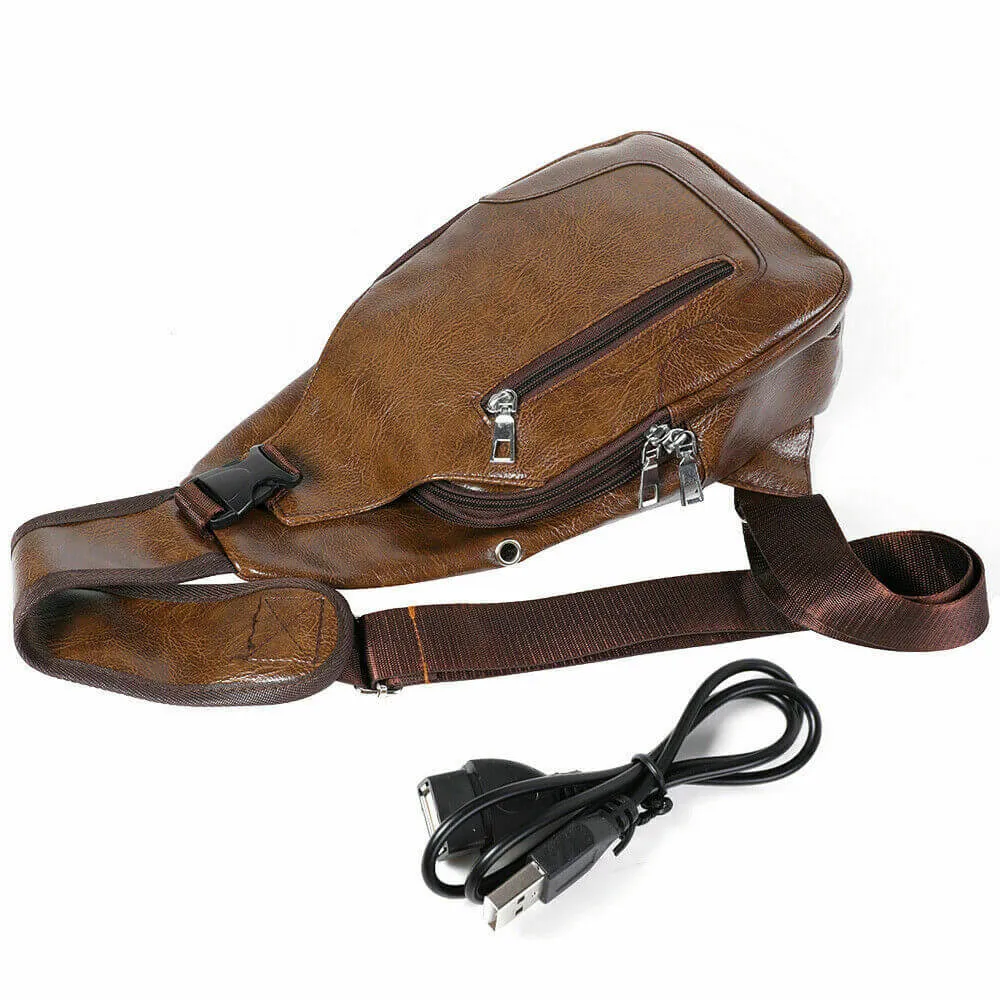 Men PU Leather Chest Sling Bag w/ USB Charging Port