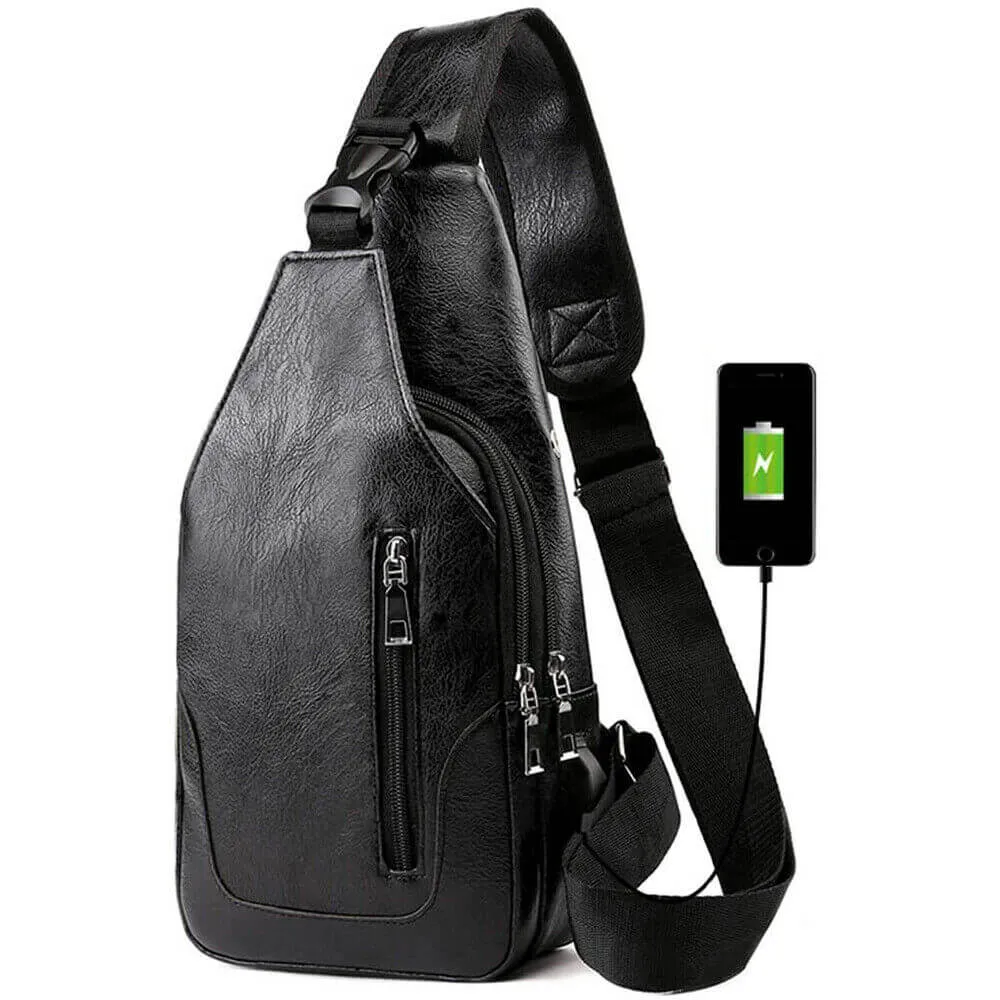 Men PU Leather Chest Sling Bag w/ USB Charging Port