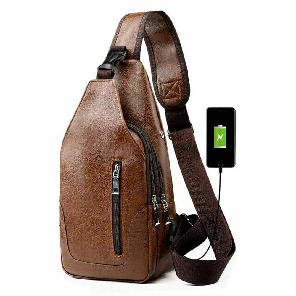 Men PU Leather Chest Sling Bag w/ USB Charging Port