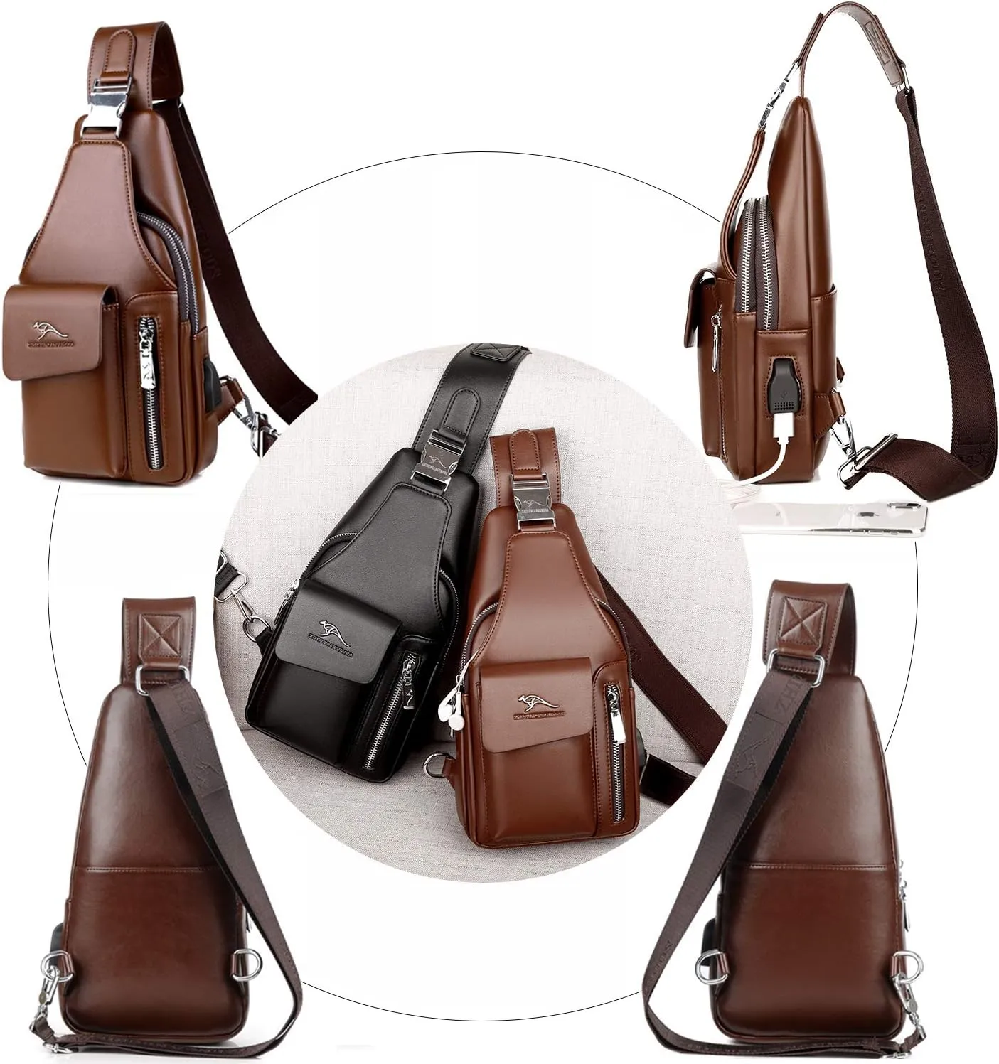 Men's Leather Sling Bag Chest Shoulder Bags Anti-Theft Backpack Purse