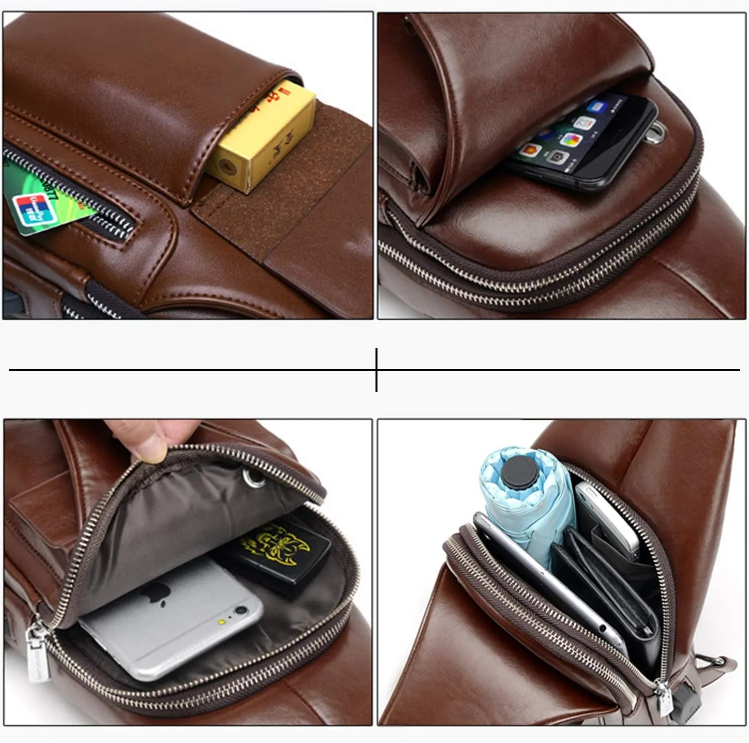 Men's Leather Sling Bag Chest Shoulder Bags Anti-Theft Backpack Purse