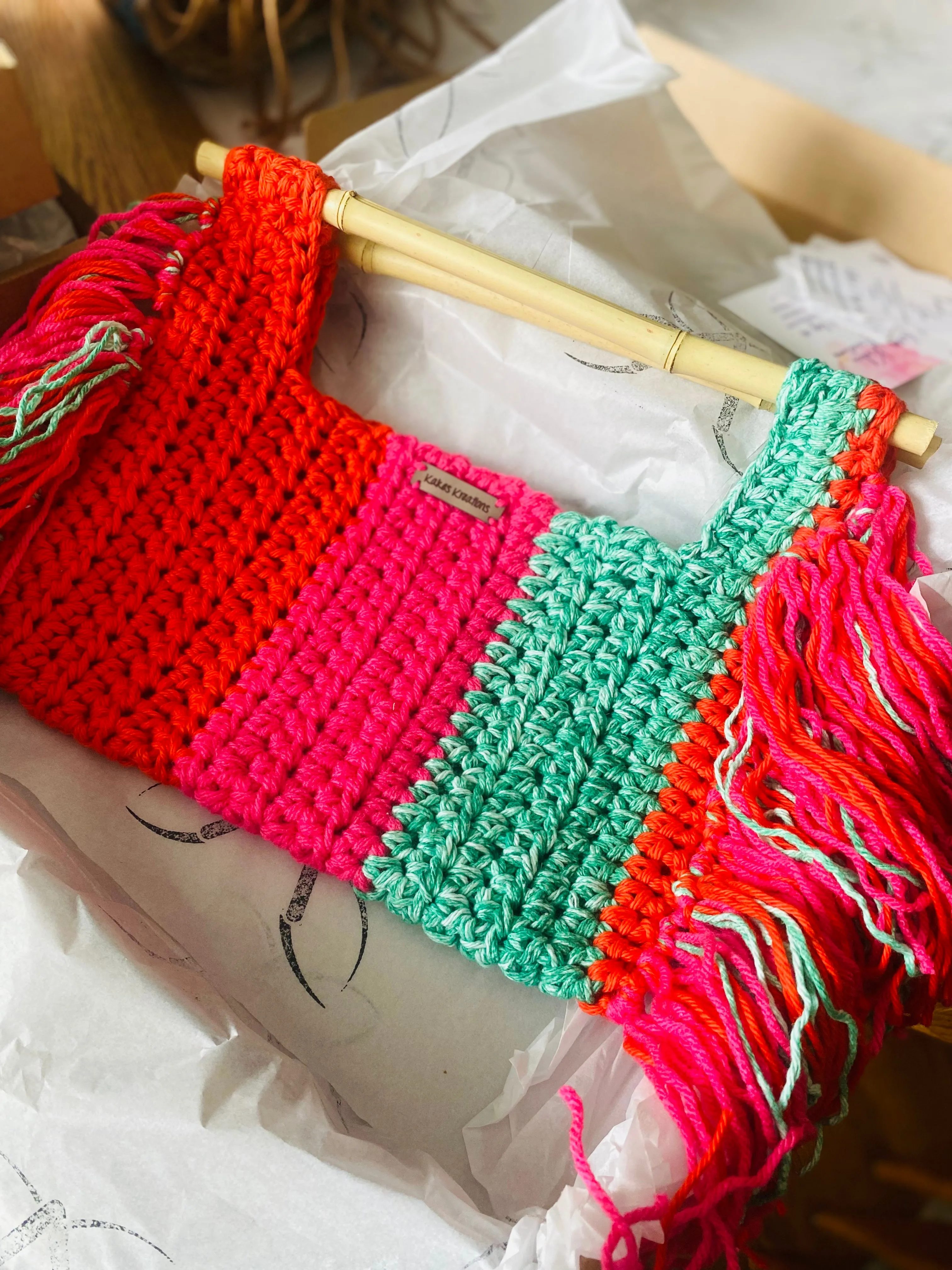 Multi color Bamboo fringe crochet handbag, Kreations by V Luxury Crochet Handbag