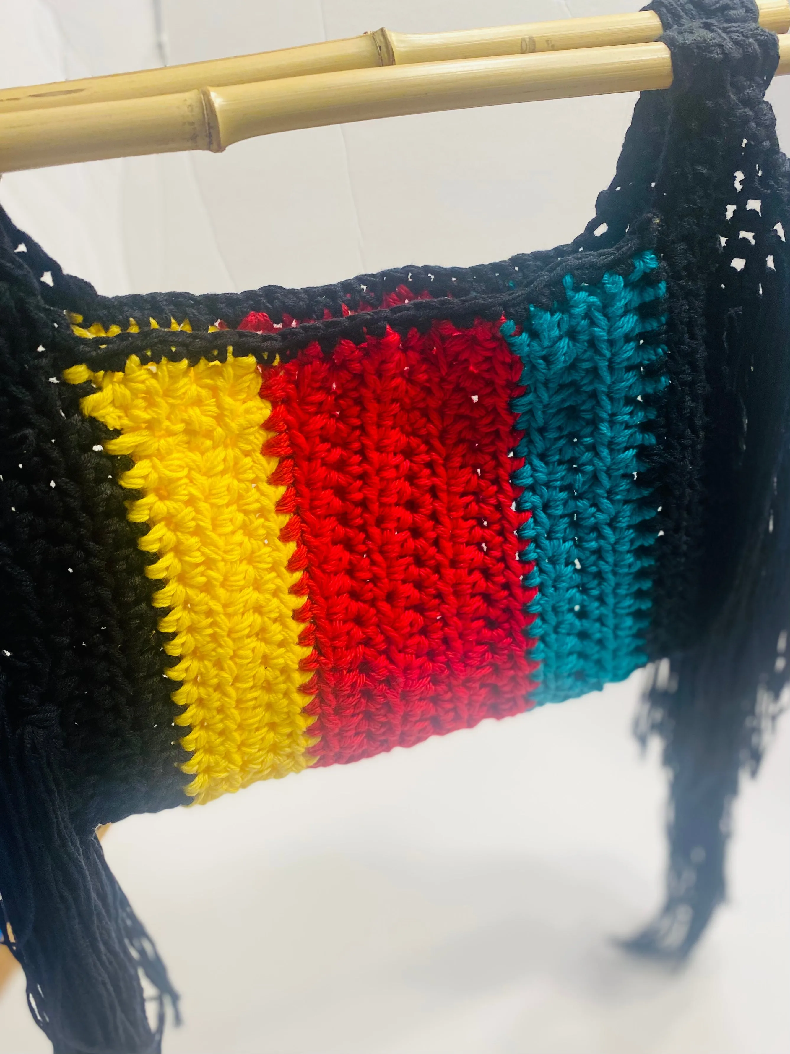 Multi color Bamboo fringe crochet handbag, Kreations by V Luxury Crochet Handbag