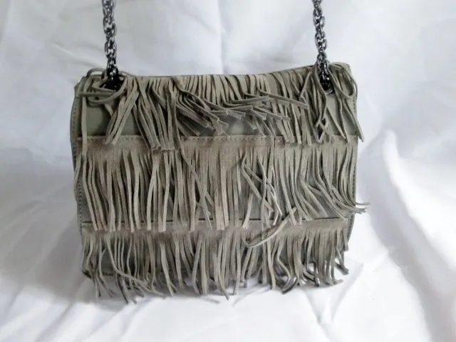 NEW BANANA REPUBLIC Suede Fringe hobo shoulder bag purse GRAY hippy boho