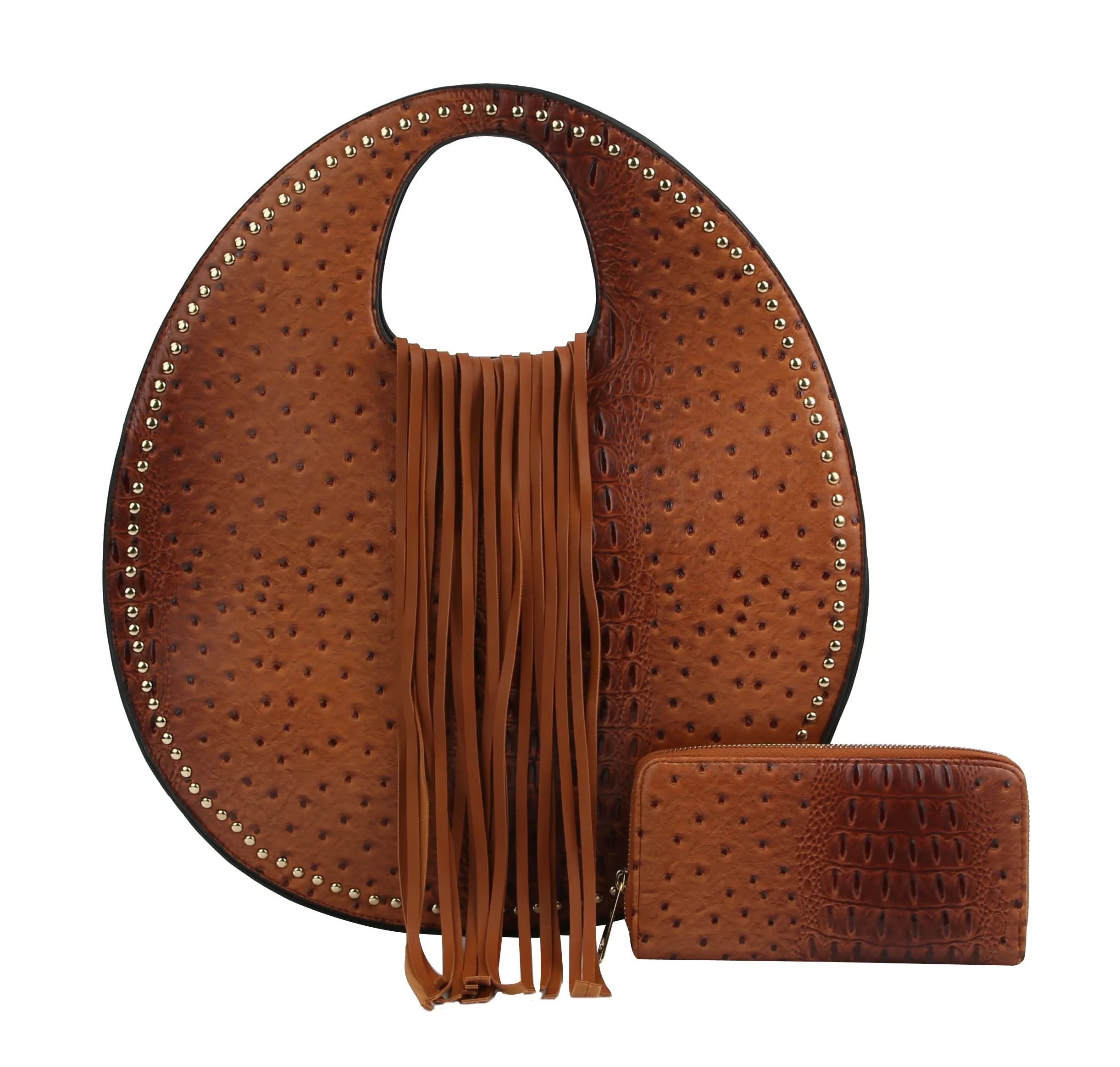 Ostrich Embossed Fringe Round Satchel Bag