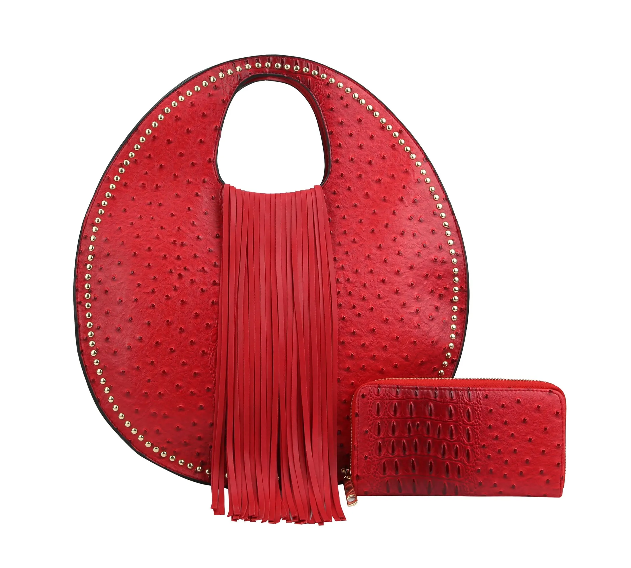 Ostrich Embossed Fringe Round Satchel Bag