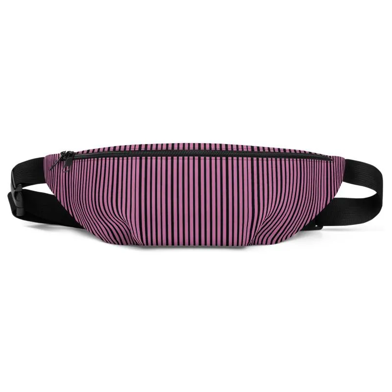 Pink Black Fanny Pack, Vertical Stripe Print Designer Fanny Pack Belt Festival Waist Bag- Made in USA