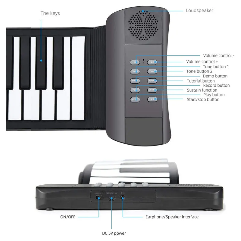 Portable Rechargeable 61 Keys Roll Up Piano Keyboard