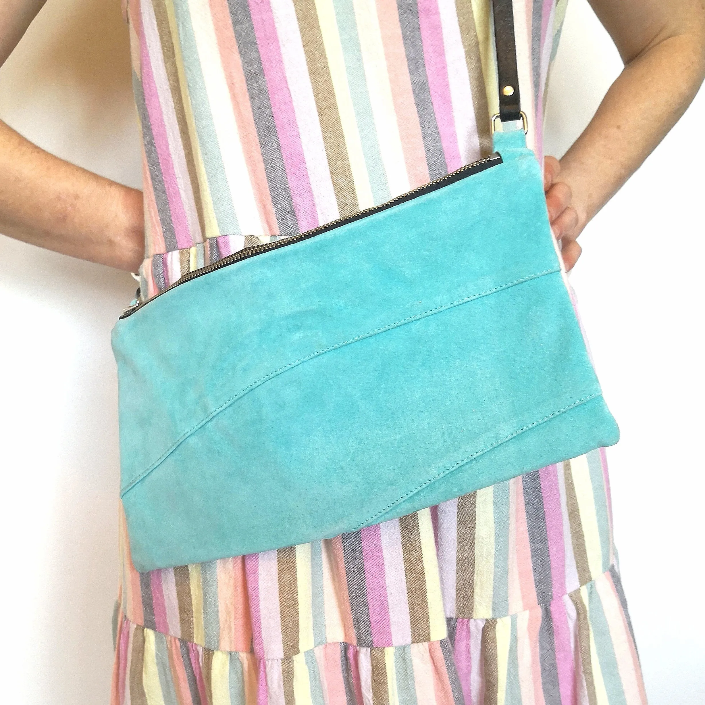 Recycled aqua suede Fringe Vintage crossbody bag