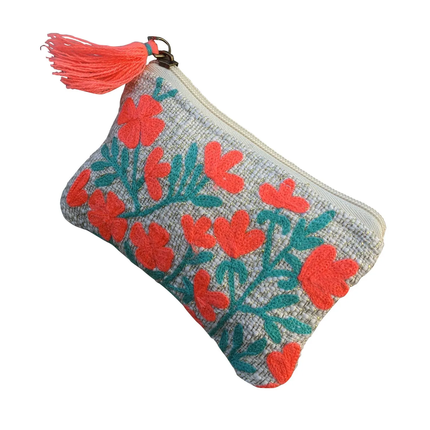 Red Embroidered Floral Coin Purse