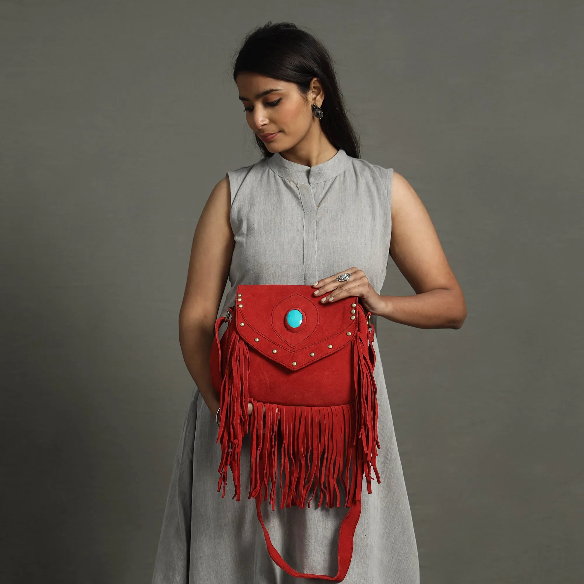 Red - Handcrafted Suede Leather Fringe Sling Bag with Turquoise Stone