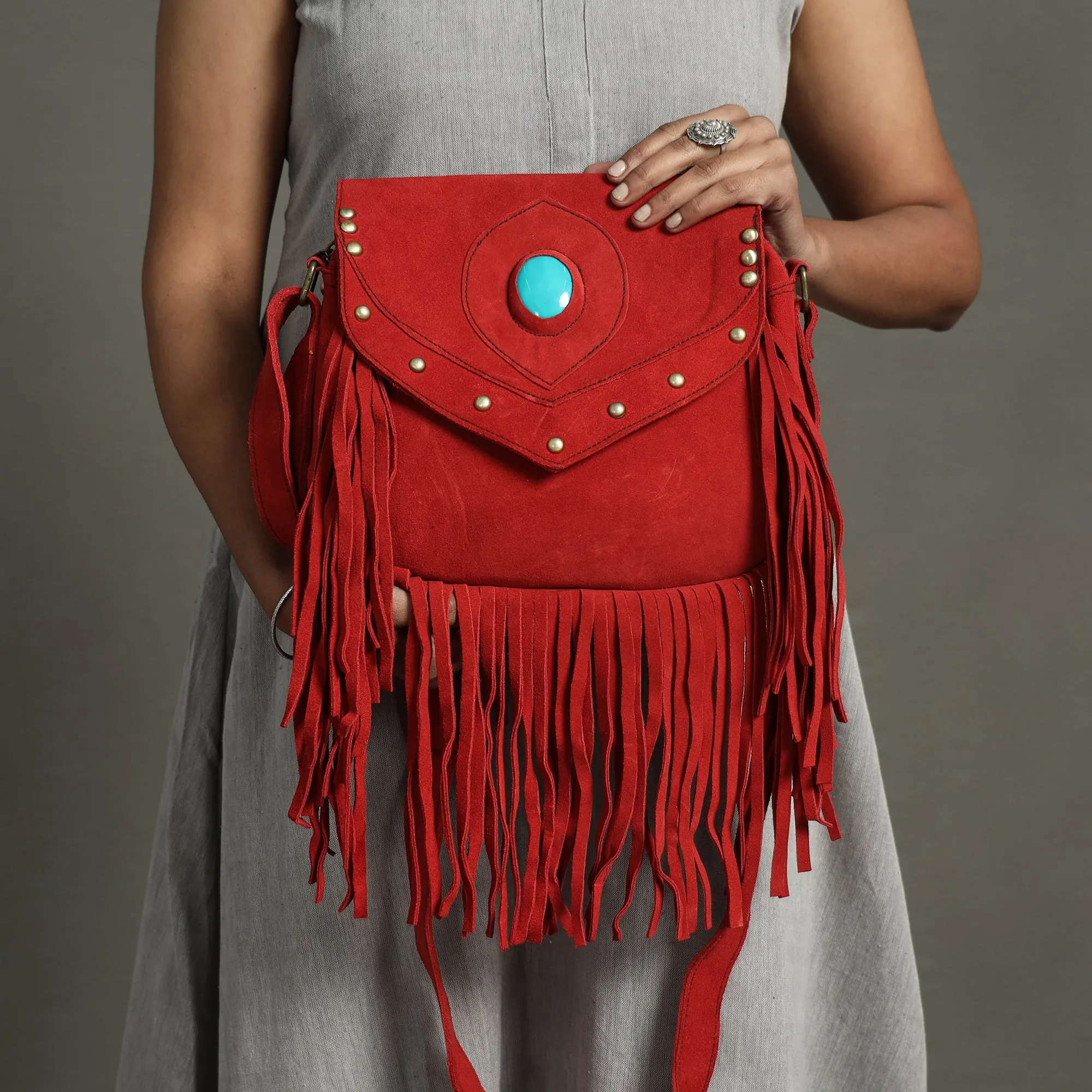 Red - Handcrafted Suede Leather Fringe Sling Bag with Turquoise Stone