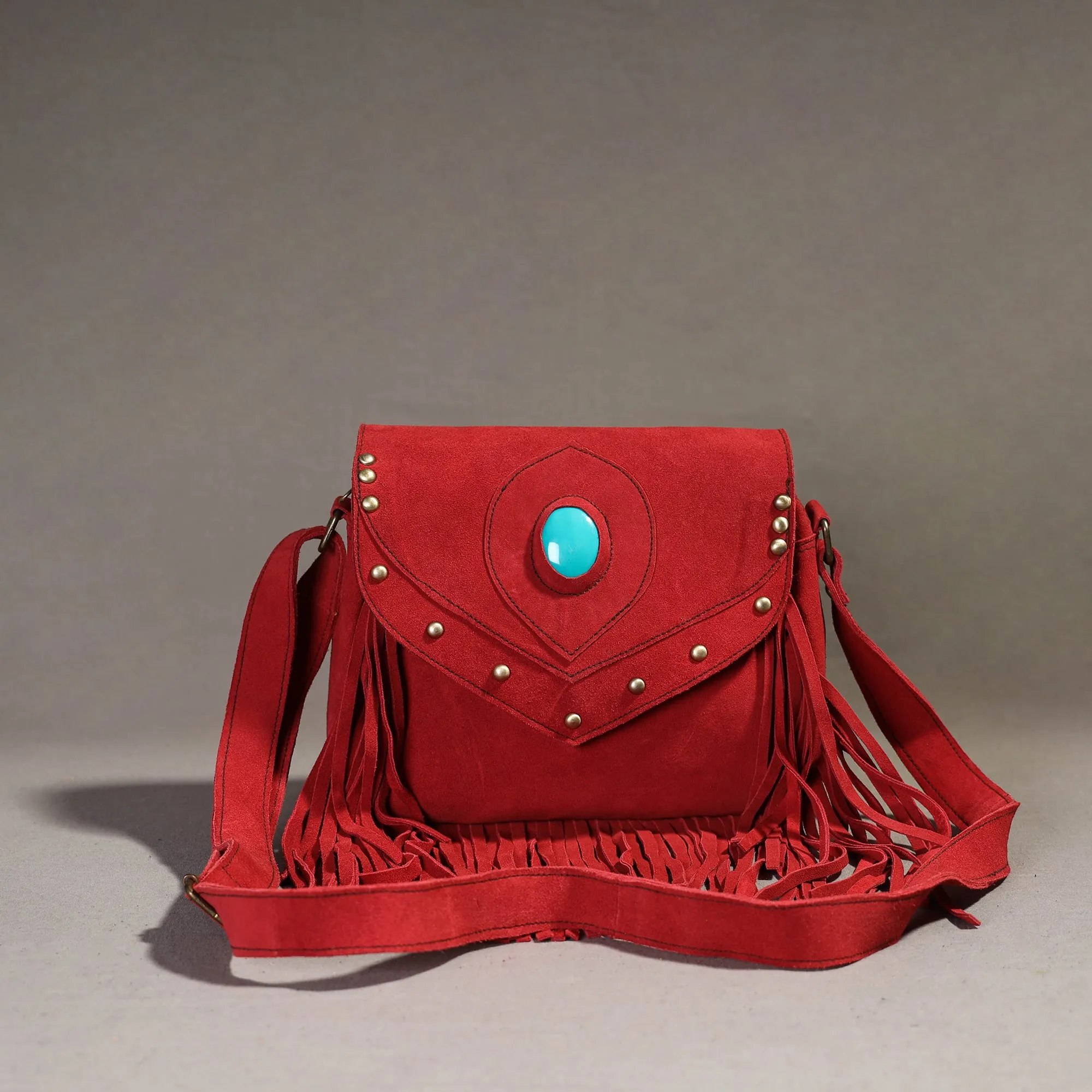 Red - Handcrafted Suede Leather Fringe Sling Bag with Turquoise Stone