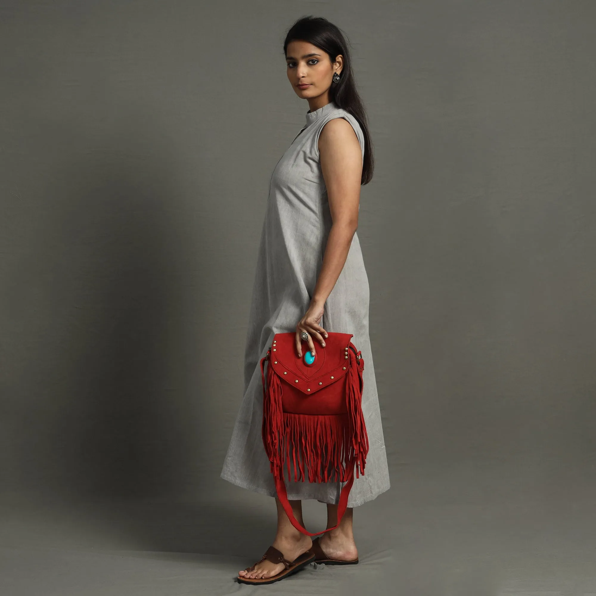 Red - Handcrafted Suede Leather Fringe Sling Bag with Turquoise Stone