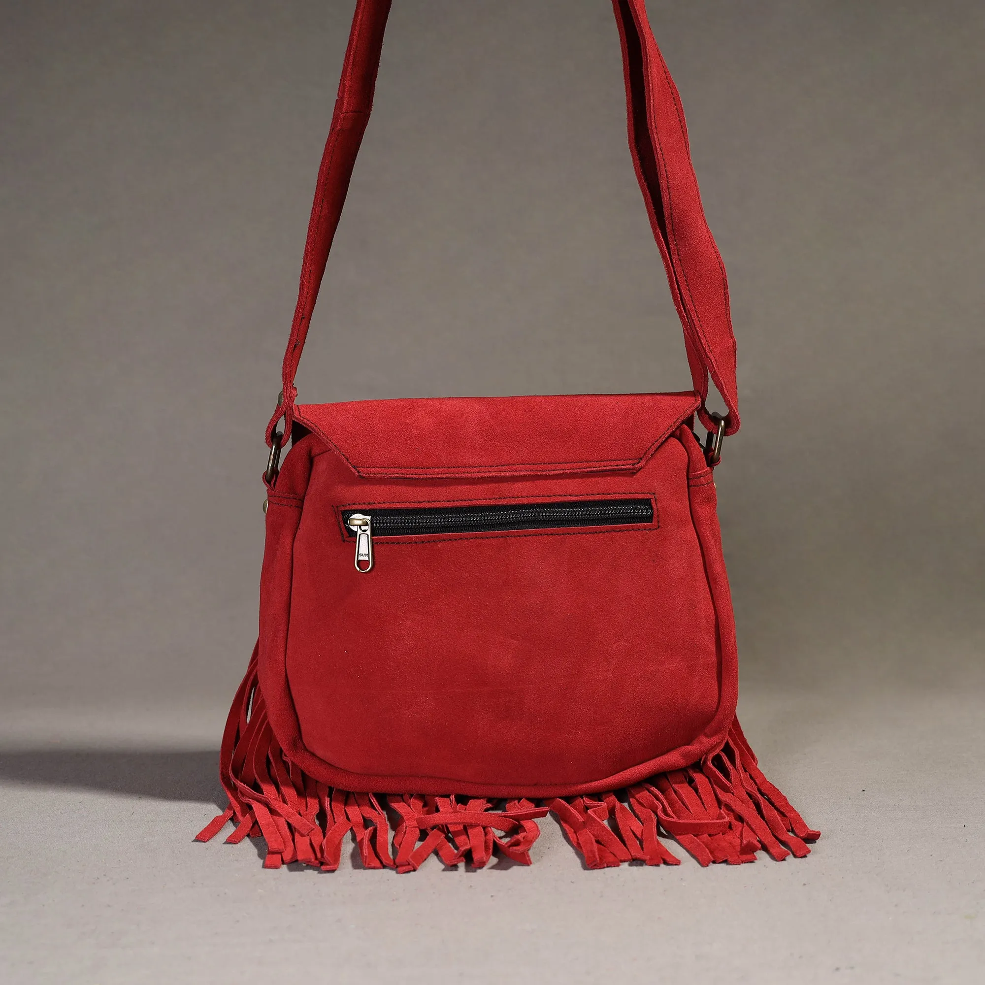 Red - Handcrafted Suede Leather Fringe Sling Bag with Turquoise Stone