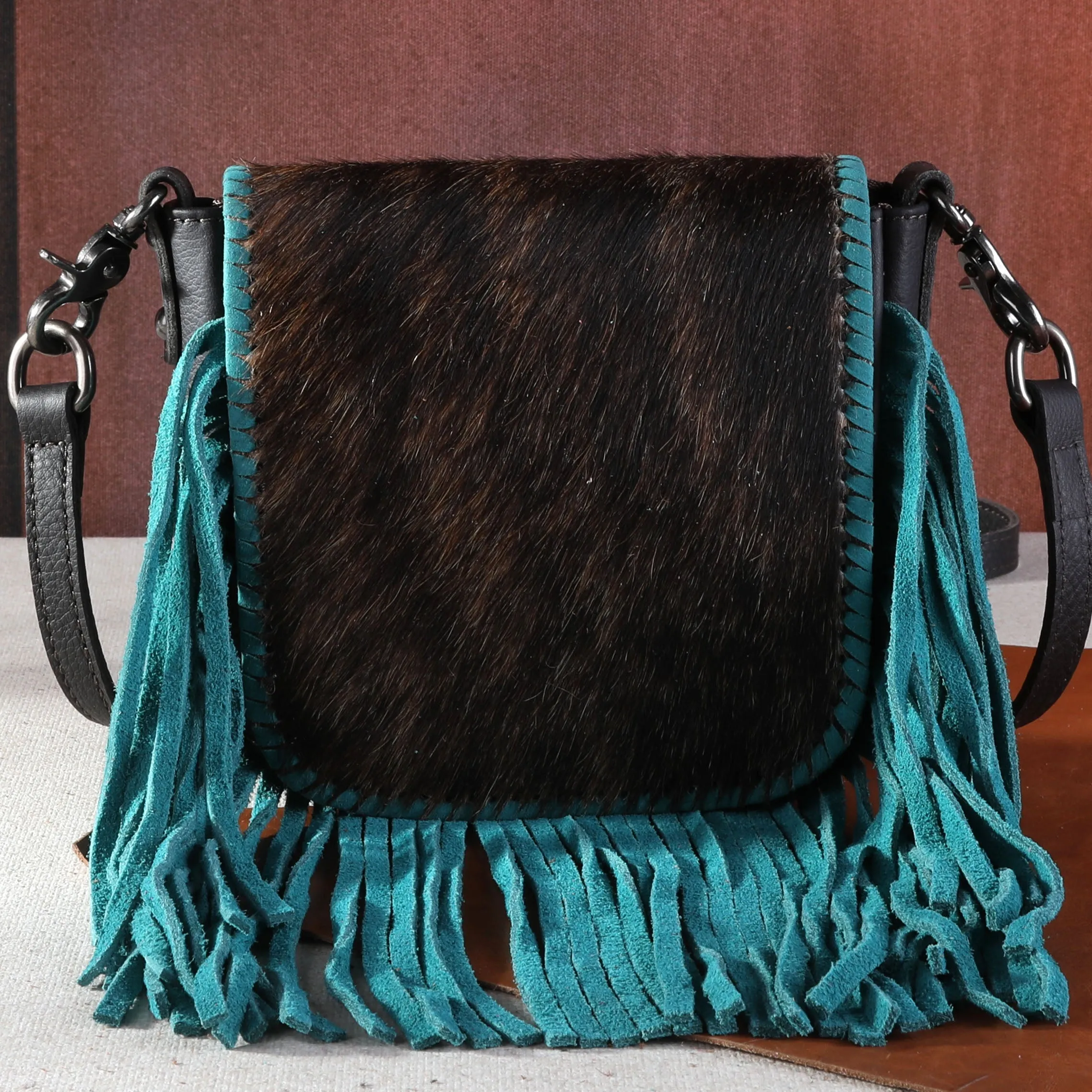 RLC-L161 Montana West Genuine Leather Hair-On Collection Fringe Crossbody