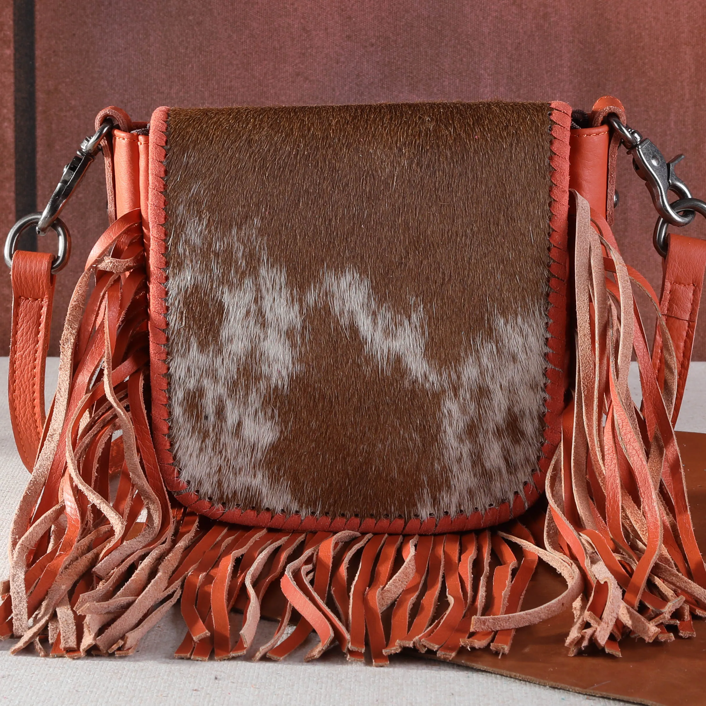 RLC-L161 Montana West Genuine Leather Hair-On Collection Fringe Crossbody