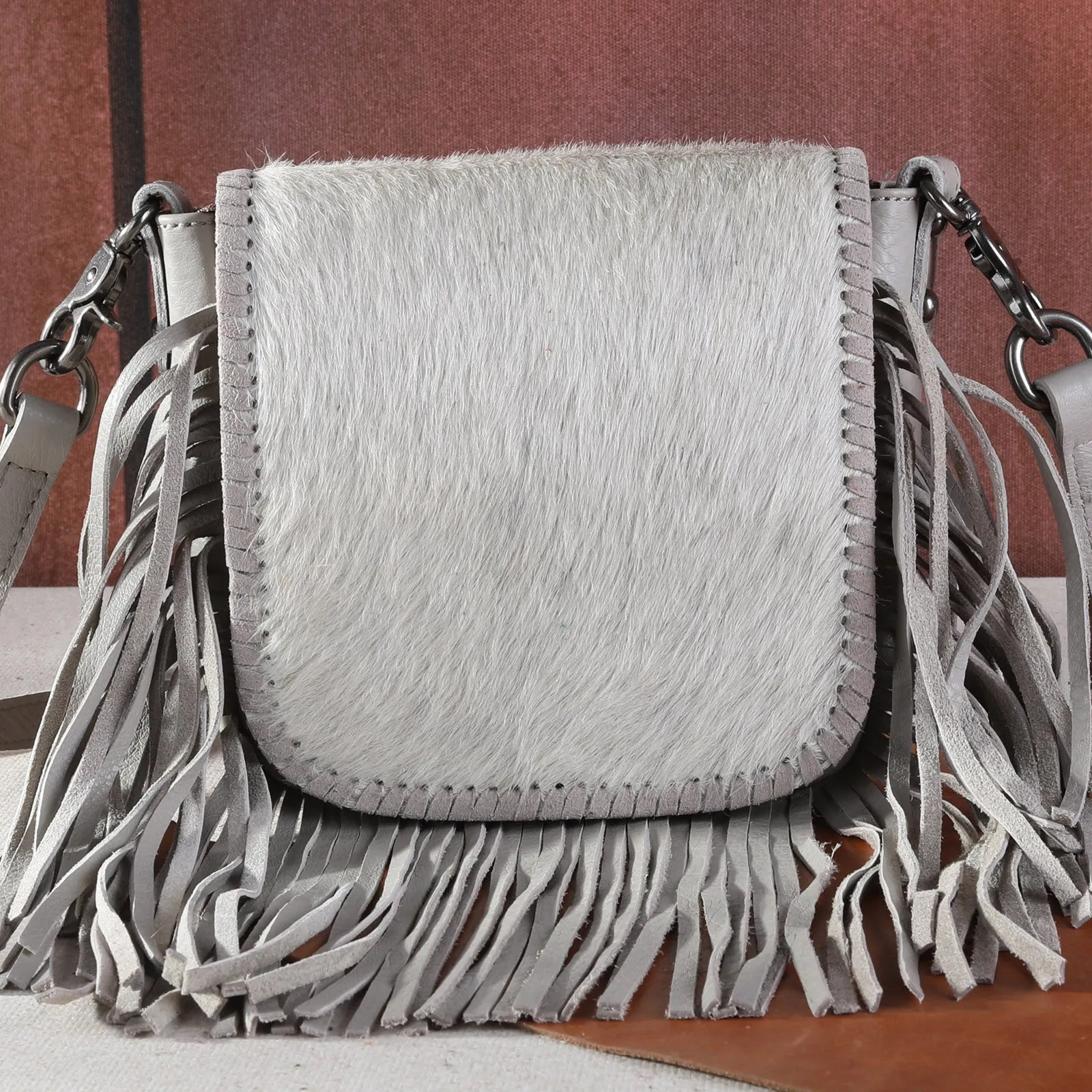 RLC-L161 Montana West Genuine Leather Hair-On Collection Fringe Crossbody