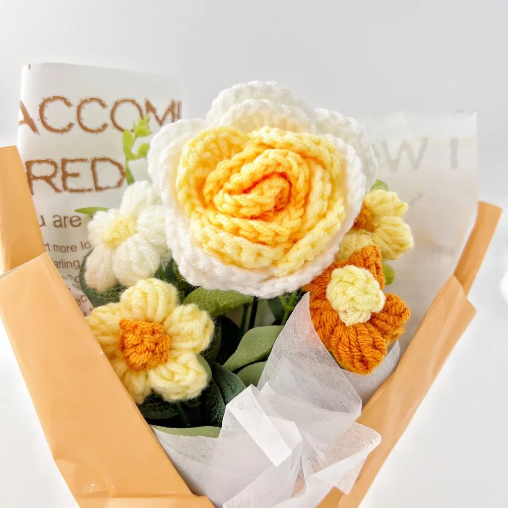 Rose Crochet Flowers Bouquet Knitted Flower Wrap with Light and Bag for Gift Home Decoration Ornaments