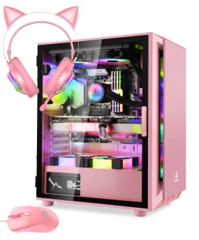 Segotep Gaming Case with Headset Gaming Mouse Combo Pink ATX Micro-ATX, MINI-ITX Mid Case USB3.0 Port, 1.0mm SPCC Steel Plate, Support Liquid Cooling Tempered Glass Side