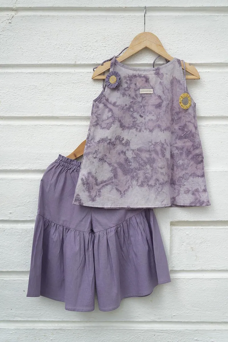 Set of 2 - ‘Ethereal’ natural dyed sharara pants and kurta set with handmade sling bag in lilac tie dye