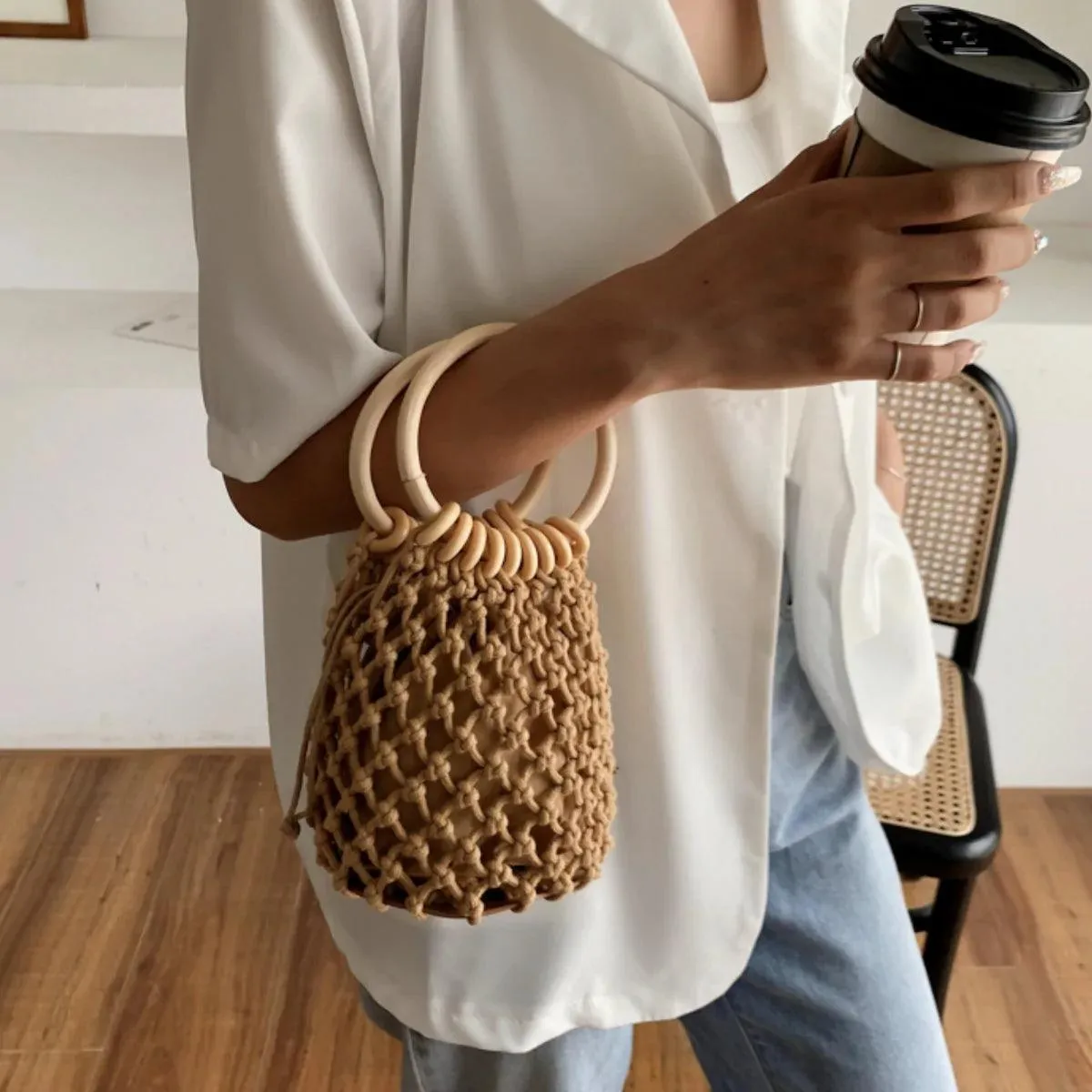 Summer Crochet Bag With Ratten Ring Handle