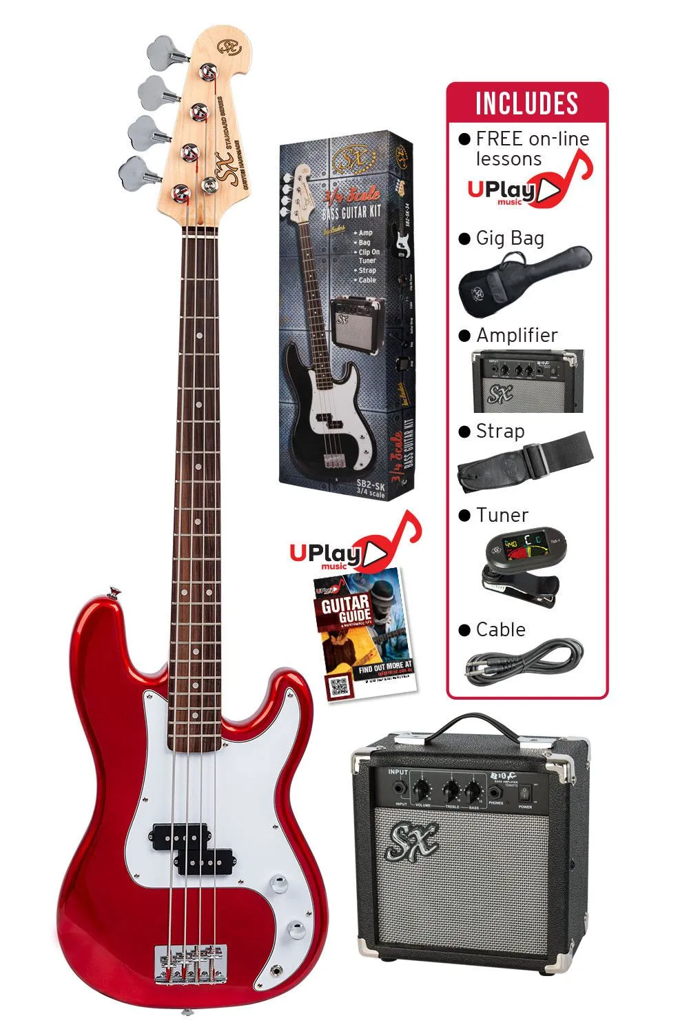 SX SB2SK34CAR 3/4 Size Bass Guitar & Amp Pack in Candy Apple Red