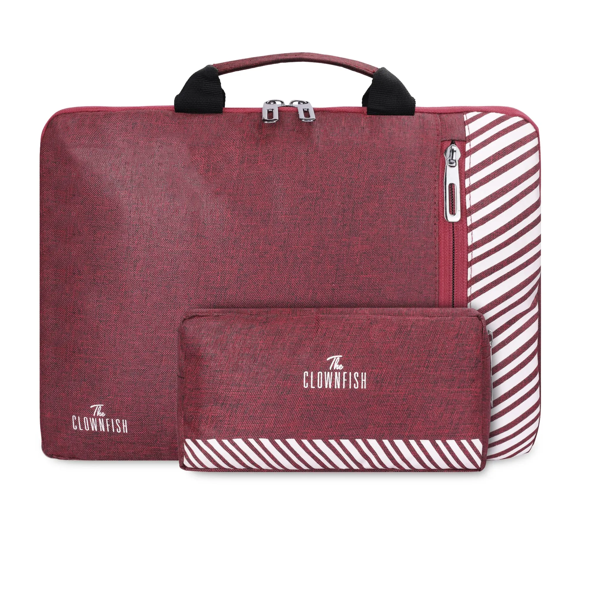 The Clownfish Combo of Rex Series Polyester 13 inch Laptop Sleeve with Comfortable Carry Handle & Scholar Series Multipurpose Polyester Travel Pouch Pencil Case Toiletry Bag (Maroon)