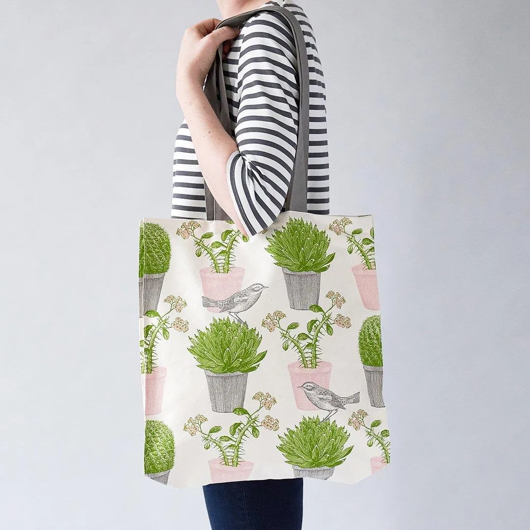 Thornback & Peel - 100% Cotton Tote Shopping Bag - 40x37x11cms - Cactus & Bird