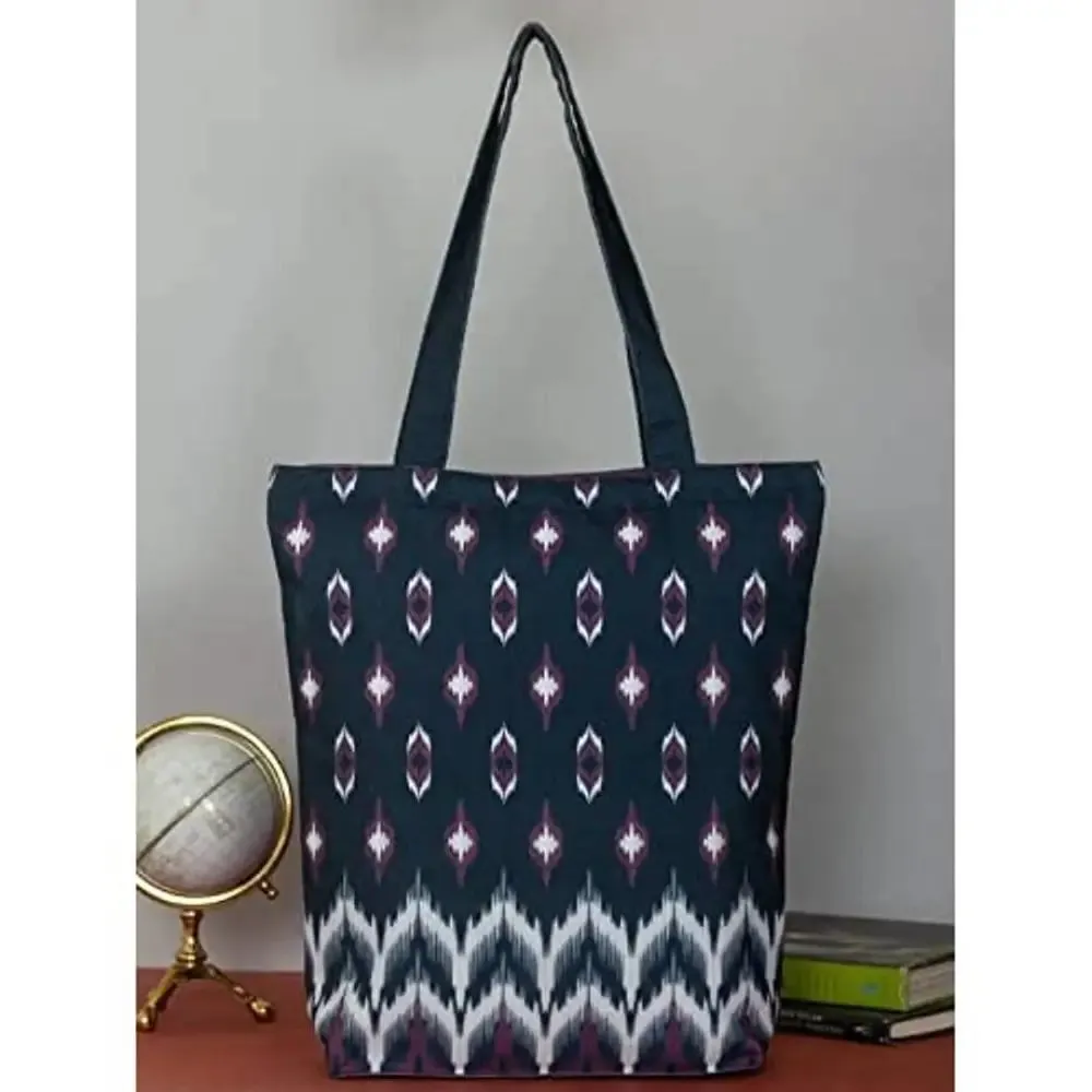 Tikuli Polyester Durable Canvas Large Size Printed Tote Bag for Women with ZIP (Navy Blue -1)