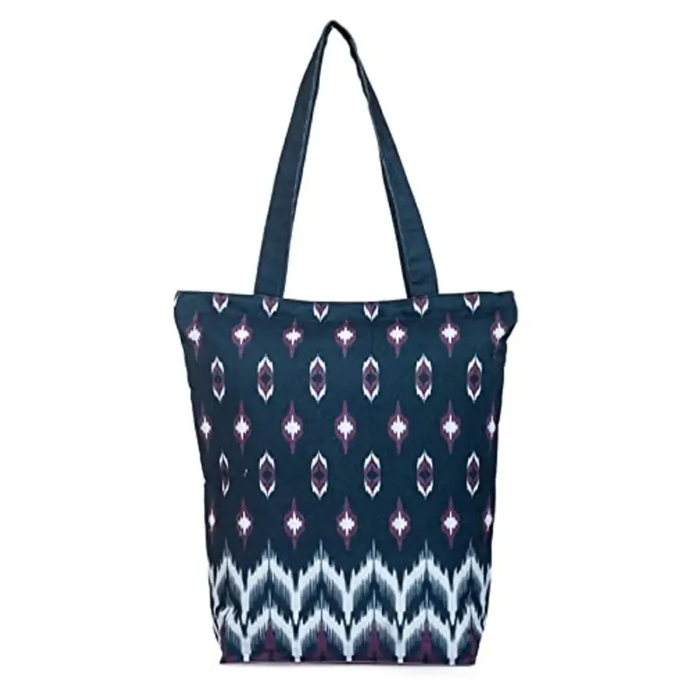 Tikuli Polyester Durable Canvas Large Size Printed Tote Bag for Women with ZIP (Navy Blue -1)