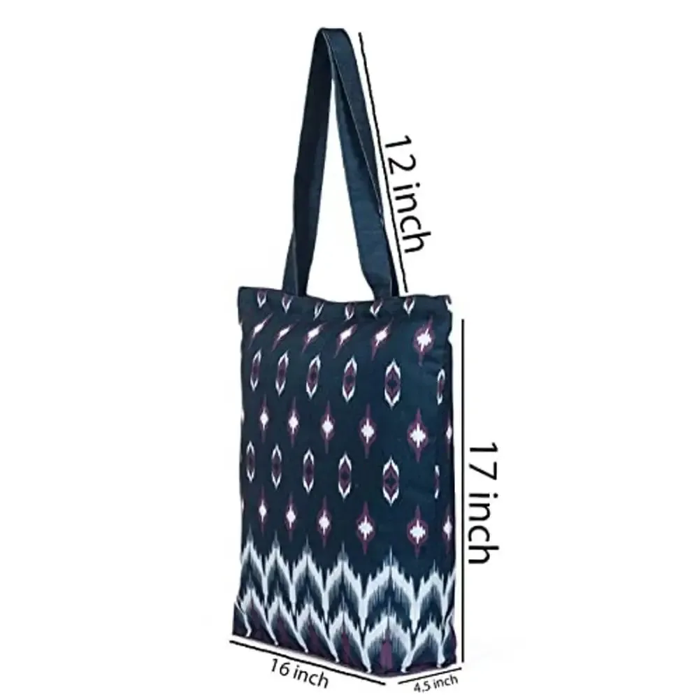 Tikuli Polyester Durable Canvas Large Size Printed Tote Bag for Women with ZIP (Navy Blue -1)