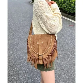 Uniwim  new hand-made suede fringe bag women's retro saddle bag fashion trend single shoulder bag crossbody bag