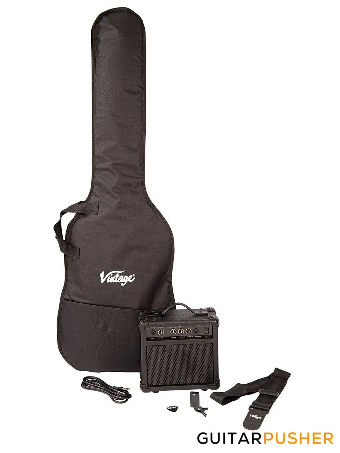 Vintage Coaster Series V495 5-String JB Bass w/ Kinsman 10-Watt Bass Amplifier, Gig Bag, & Accessories - Boulevard Black