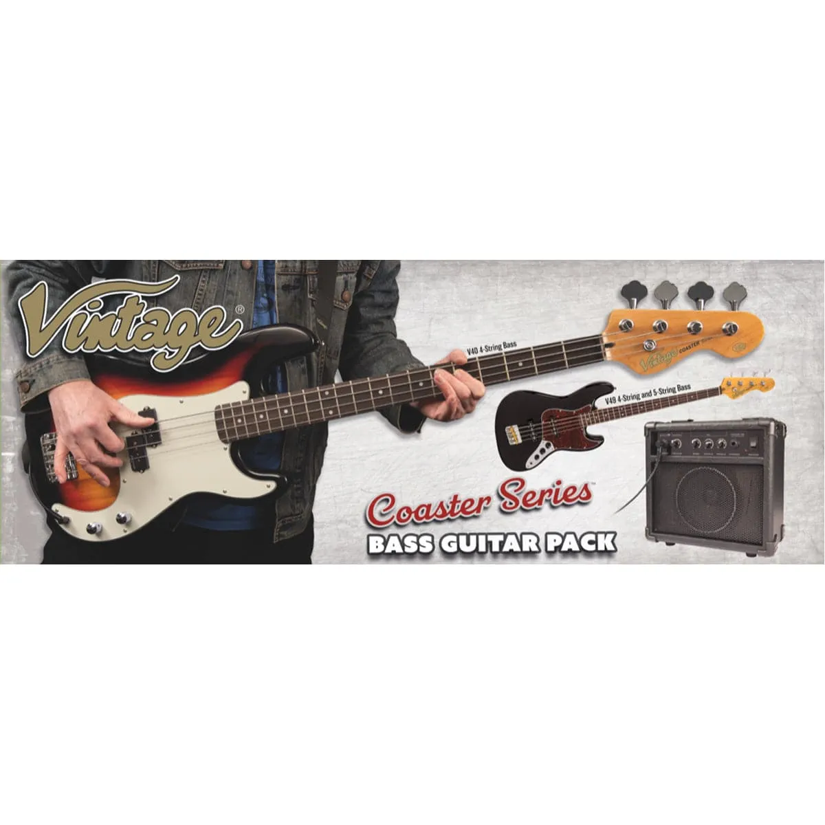 Vintage V40 Coaster Series Bass Guitar Pack ~ 3 Tone Sunburst