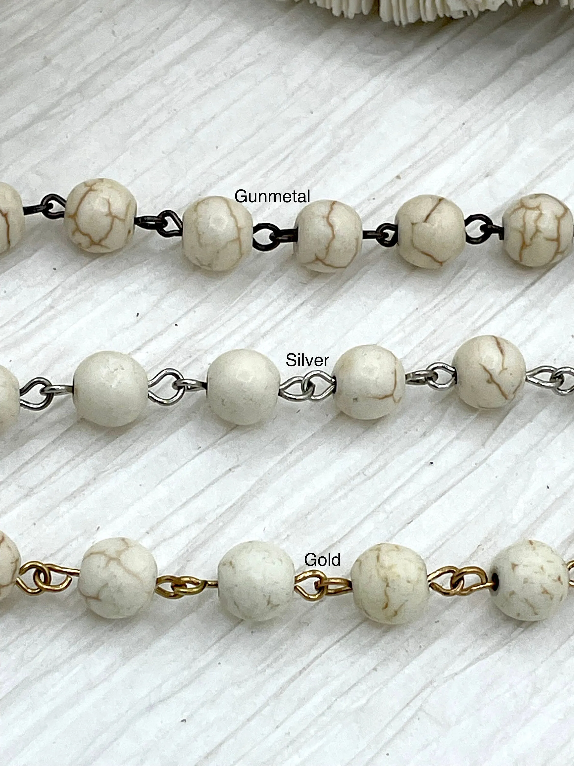 WHITE Howlite Rosary Chain, Gold, silver, bronze or gunmetal wire links, 8mm round stone bead chain 1 Meter (39 inches)