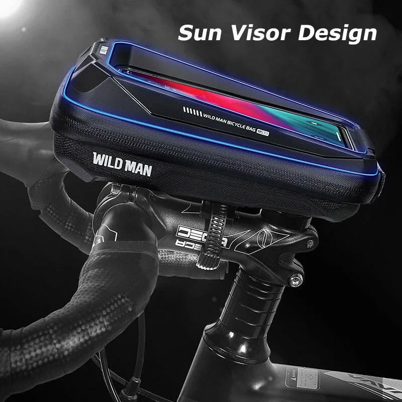 WILD MAN Rainproof Bicycle Top Tube Bag Touch Screen Bike Handlebar Bag Cycling Bag Front Mtb Frame Bag with Sun Visor