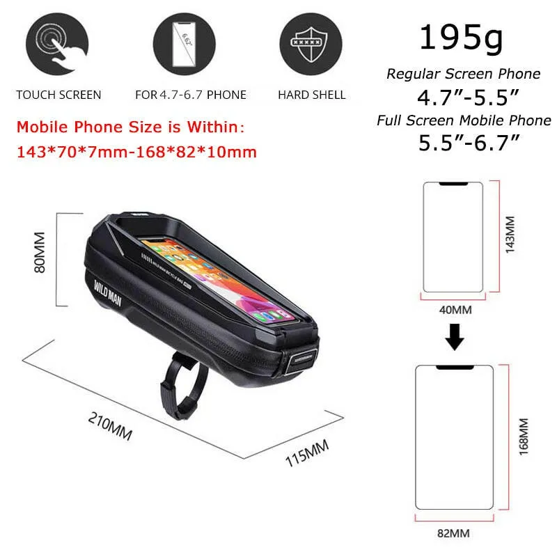 WILD MAN Rainproof Bicycle Top Tube Bag Touch Screen Bike Handlebar Bag Cycling Bag Front Mtb Frame Bag with Sun Visor