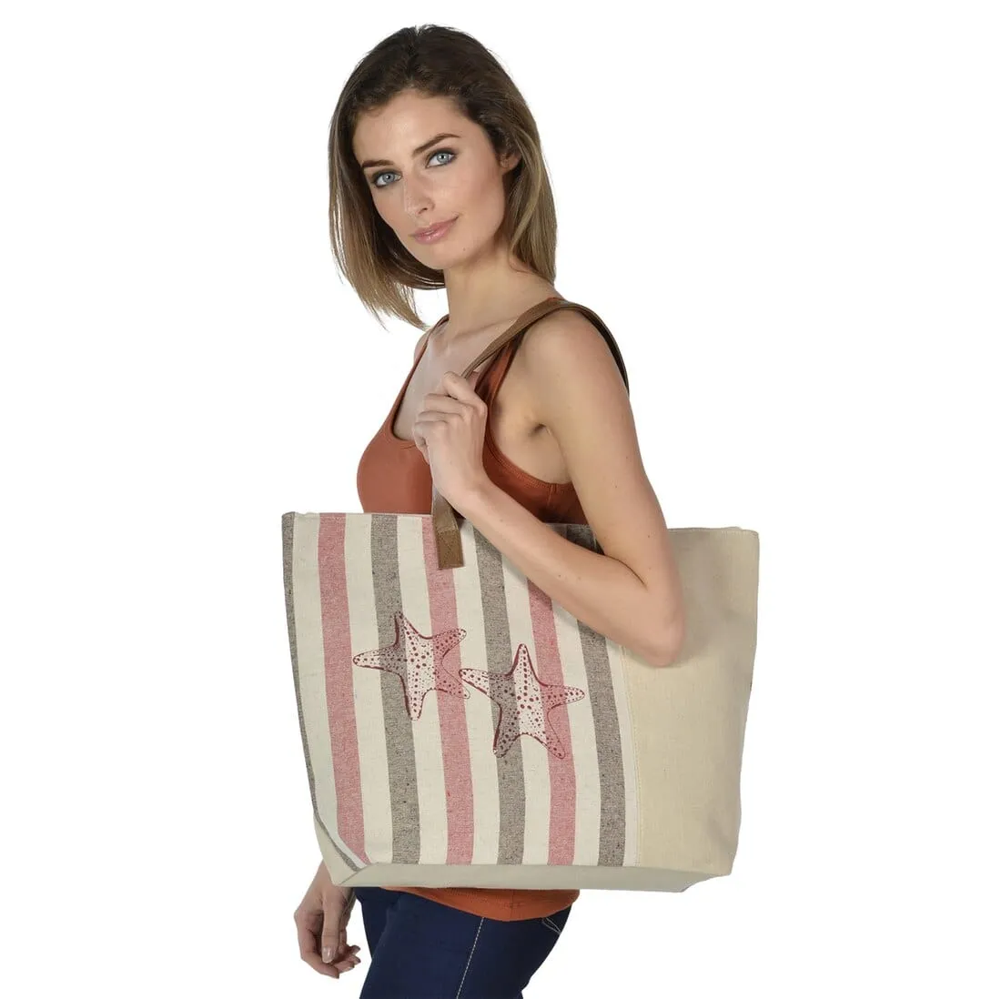 Womens Starfish Canvas Beach Shoulder Bag Shopping Tote